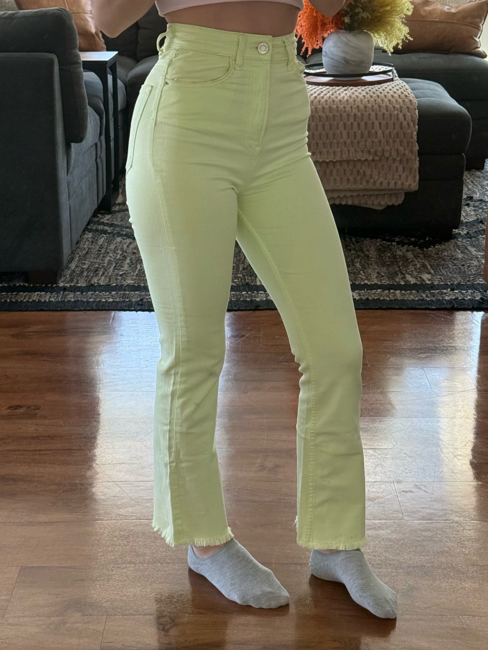 stradivarius High-Rise Pastel Lime Flare Jeans